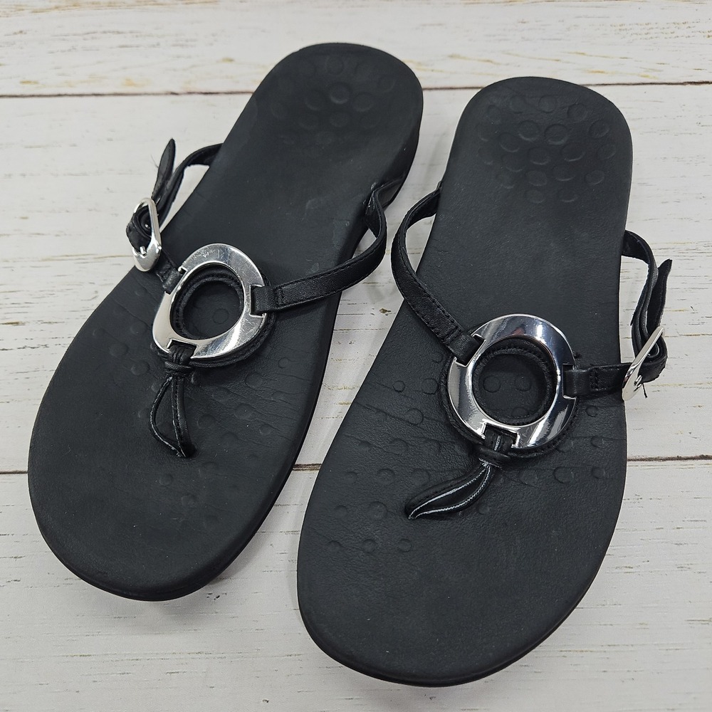 Vionic Karina Black Leather Thong Sandals Silver Ring Circle Womens 8 Orthopedic